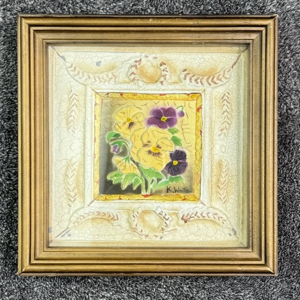 Vintage K White‎ Pansy Floral Framed Wall Art Gold Frame Cottage Decor 8x8